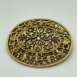 Vintage Signed MFA Musuem of Fine Art Gold Tone Oval Filigree Brooch Pin